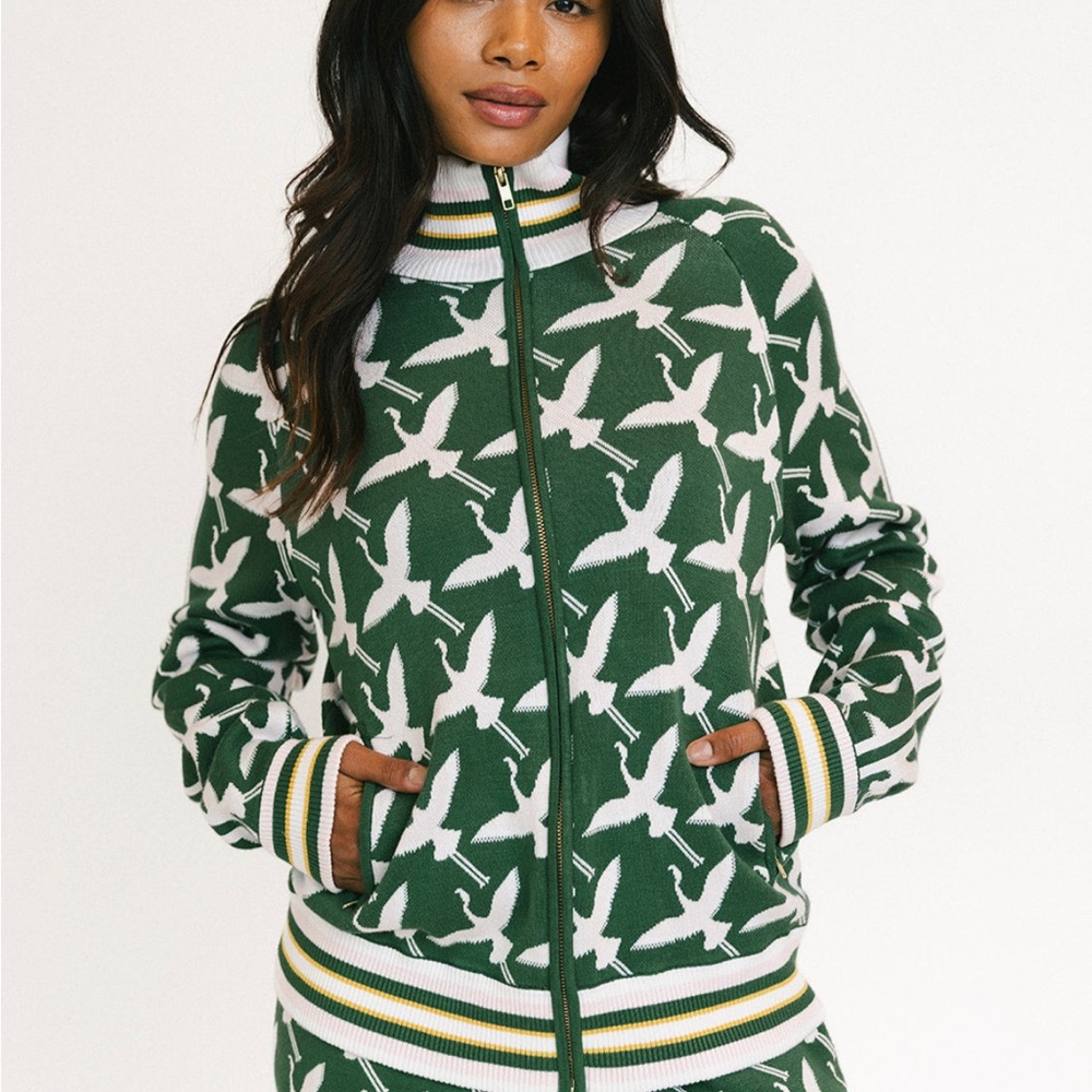 Green Bird-Print Zip-Up Bomber Jacket